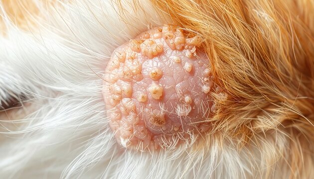 Close-up of a dogs skin with a visible growth or tumor, possibly a papilloma or wart, surrounded by fur.