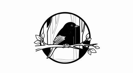 Black bird perched on a branch within a circular forest scene