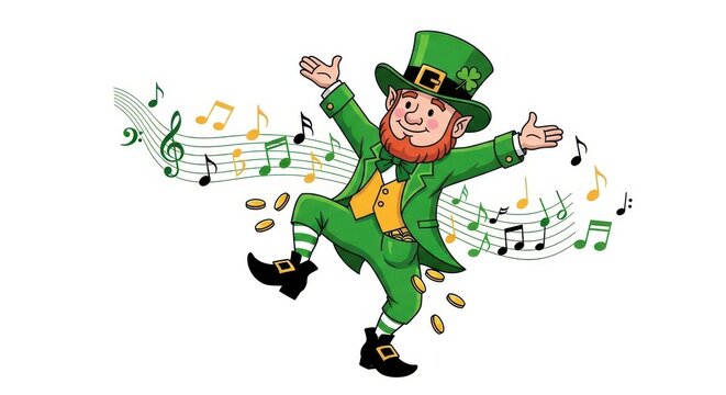 Cheerful leprechaun dancing with music and coins.