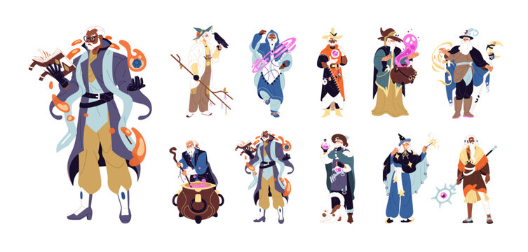 Set of old wizards in cloaks. Magicians and sorcerers with wand, staff, cauldron spell. Witches and sorcery characters. People of witchcraft. Flat isolated vector illustrations on white background