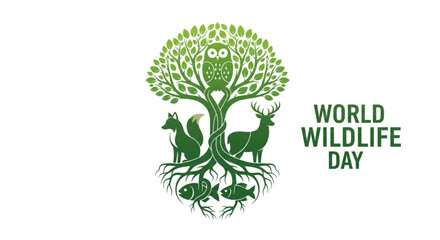 World wildlife day logo with tree animals and roots on white background symbolizing conservation and ecosystem