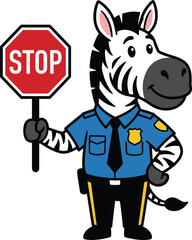 Fototapeta premium Cute cartoon zebra police officer holding stop sign, traffic safety mascot illustration isolated on white background for road awareness campaigns educational materials