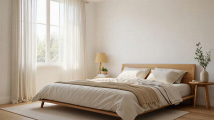 Bright and airy bedroom with sheer curtains and natural wood bed