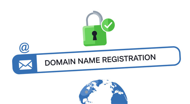 Domain name registration and internet security concept with search bar, padlock, and globe.