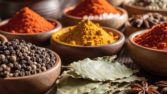 Assortment of Spices in Wooden Bowls: Peppercorns, Turmeric, Paprika, Star Anise