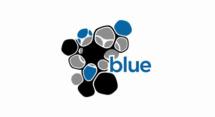 Abstract organic shapes in blue, black, and gray with text