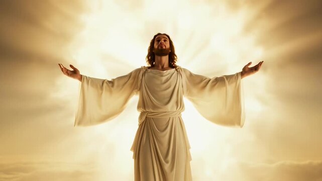 Religious depiction of Jesus Christ ascending to heaven with divine light and clouds in a spiritual, inspirational scene for faith-based projects