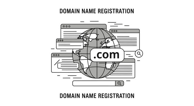 Domain name registration and web hosting concept with globe and browser windows, vector illustration.