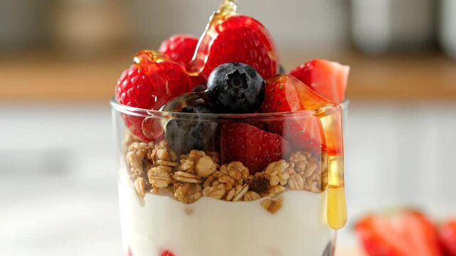 Delicious yogurt parfait with fresh berries and granola