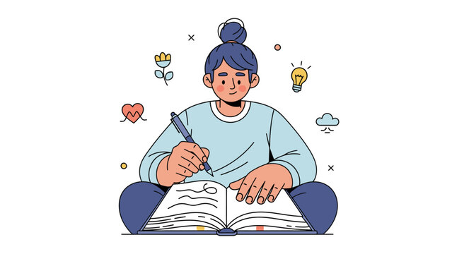 Young woman writing in journal or diary with mental health and creativity icons, flat vector illustration.