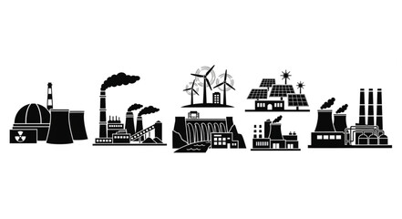 Obraz premium Various power plants and energy production facilities in silhouette.