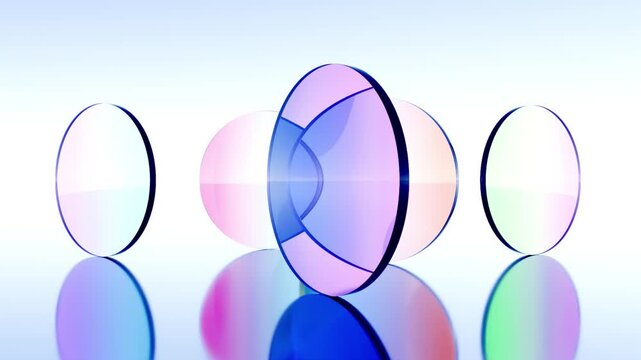 3D abstract iridescent glass discs rolling on reflective floor