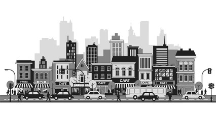 Flat vector illustration of a busy city street with cafes, shops, cars, and pedestrians in grayscale. © Hafiz