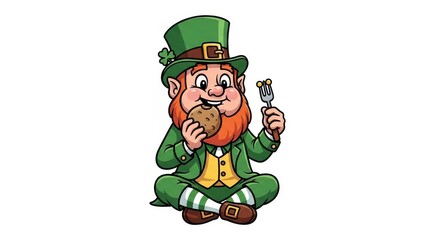 Cheerful leprechaun enjoying a cookie in green attire.
