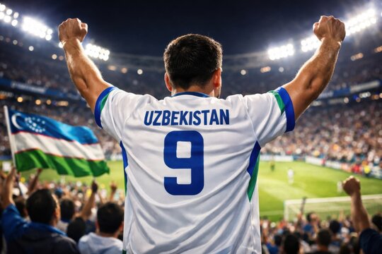 Uzbekistan Male Soccer Fan Celebrate in Stadium