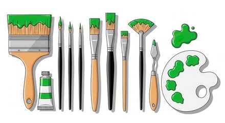 Art tools with brushes, palette, and green paint