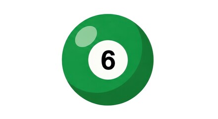 Green billiard ball with number six on white background.