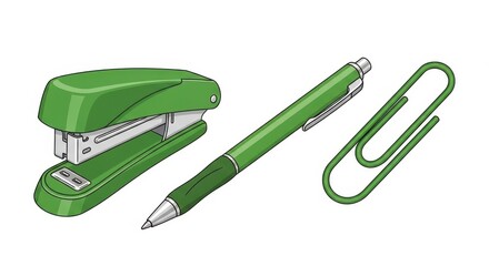 Green office supplies: stapler, pen, and paperclip.