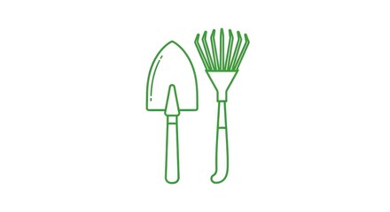 Green line art of gardening tools on white background.