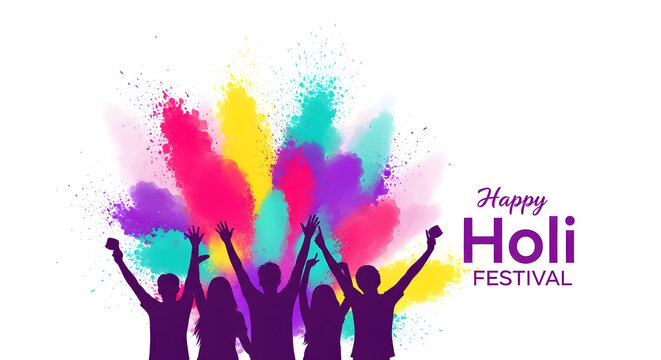 Happy Holi festival with silhouette of people celebrating with vibrant exploding colors on white background