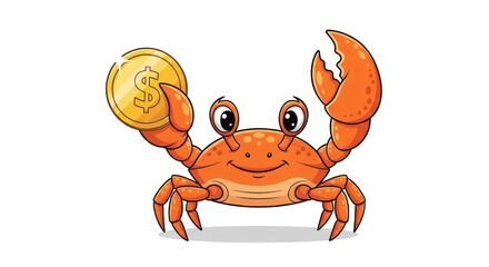 Fototapeta premium Cartoon crab happily holding a gold coin.