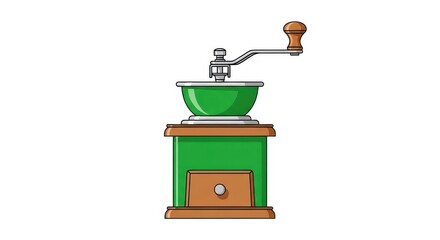 Vintage green hand-crank coffee grinder illustration.