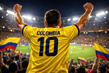 Obraz premium Colombia Male Soccer Fan Celebrate in Stadium