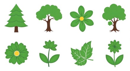 Collection of green tree and leaf illustrations.
