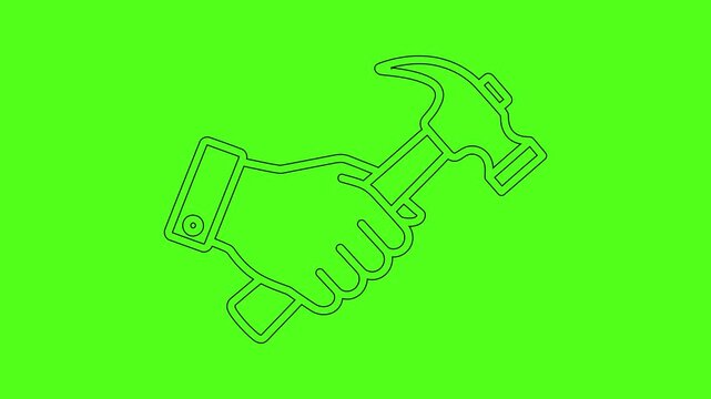 Hand holding hammer line icon animation on green screen background carpentry tool