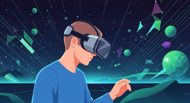 Young man wearing vr headset experiencing virtual reality with floating geometric shapes and planets