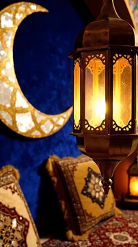 Ramadan Lantern Glows Crescent Moon Blue Velvet Background Warm Light