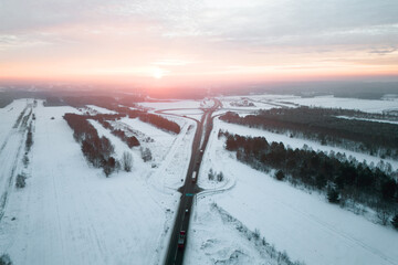 Tranquil Snowy Landscape With Frosty Road View