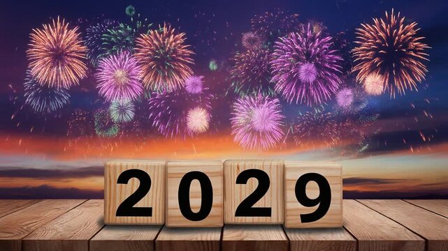 Festive New Year 2029 scene with four wooden blocks forming digits on wooden surface, colorful fireworks lighting twilight sky, vibrant sunset hues, celebratory atmosphere symbolizing future beginning