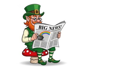Cheerful leprechaun reads surprising news.