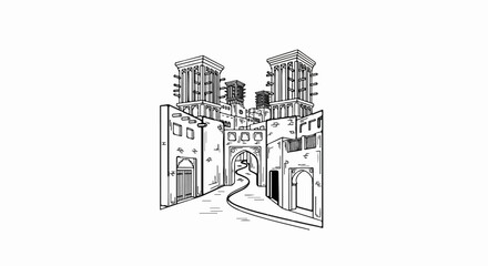 An architectural sketch of a winding path through traditional buildings with wind towers