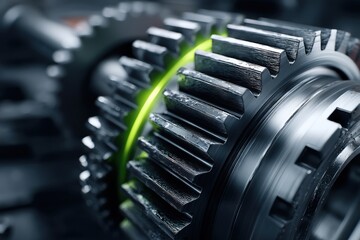 Fototapeta premium Precision Engineering: Gears with Luminous Green Detail generated by AI