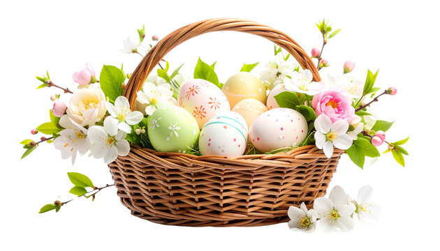wicker basket with easter eggs and flowers, isolated on transparent background.