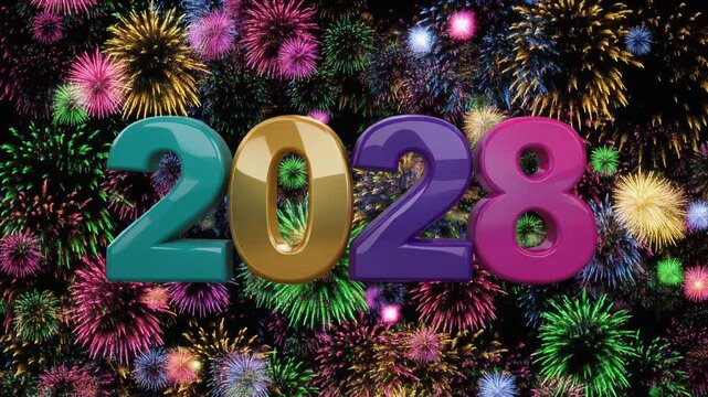 Large colorful 3D &ldquo;2028&rdquo; numbers with each digit in distinct hues&mdash;teal, gold, purple, violet&mdash;set against vibrant multicolored fireworks bursting in sky, festive celebratory atmosphere of new year.