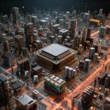Futuristic Circuit City Microscopic Electronics Board With CPU Core And Miniature Workers Illuminated By Glowing Orange Trails