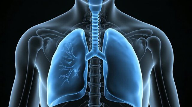 Glowing blue transparent human torso with highlighted lungs and trachea against a black background with a shallow depth of field.