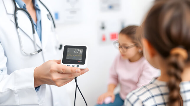 Doctor showing ECG holter monitor to patient in pediatric clinic. Holter monitoring device in a doctor hands before a diagnostic. Preparation for a heart rhythm diagnistic. Professional medicine.