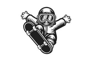 Monochrome drawing features a helmeted character riding a skateboard with outstretched arms in mid air © Sonda