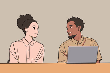 Fototapeta premium Two friends sit at a table talking and sharing ideas while looking at a laptop in a casual setting during the day.