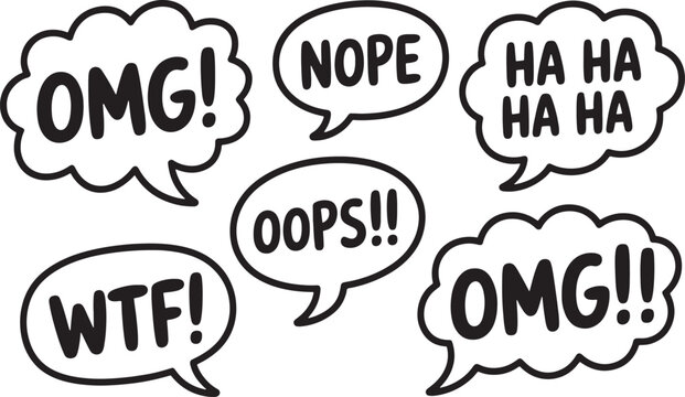 Collection of hand-drawn speech bubbles featuring popular internet slang and expressions