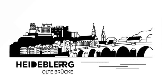 Fototapeta premium Black and white silhouette of a historic cityscape featuring a bridge, buildings, and a castle
