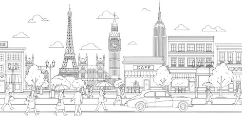 Fototapeta premium Cityscape with famous landmarks, people walking, cafes, and vintage cars