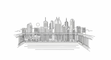 Fototapeta premium Cityscape view from a balcony with a minimalist line drawing of buildings and a sun