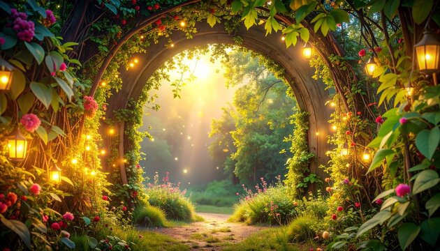 Vibrant magical thicket with citrine gunnera leaves and rosy honeysuckle arches