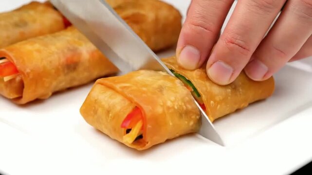 Hand cutting crispy spring rolls on white plate with knife