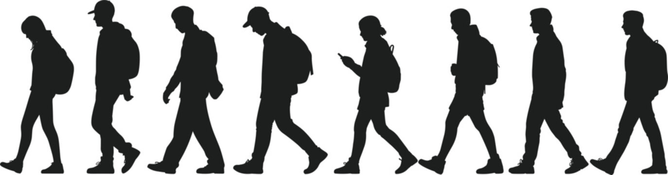 Diverse group of people walking in silhouette against a white background Keywords: walking, people, silhouette, group, diverse